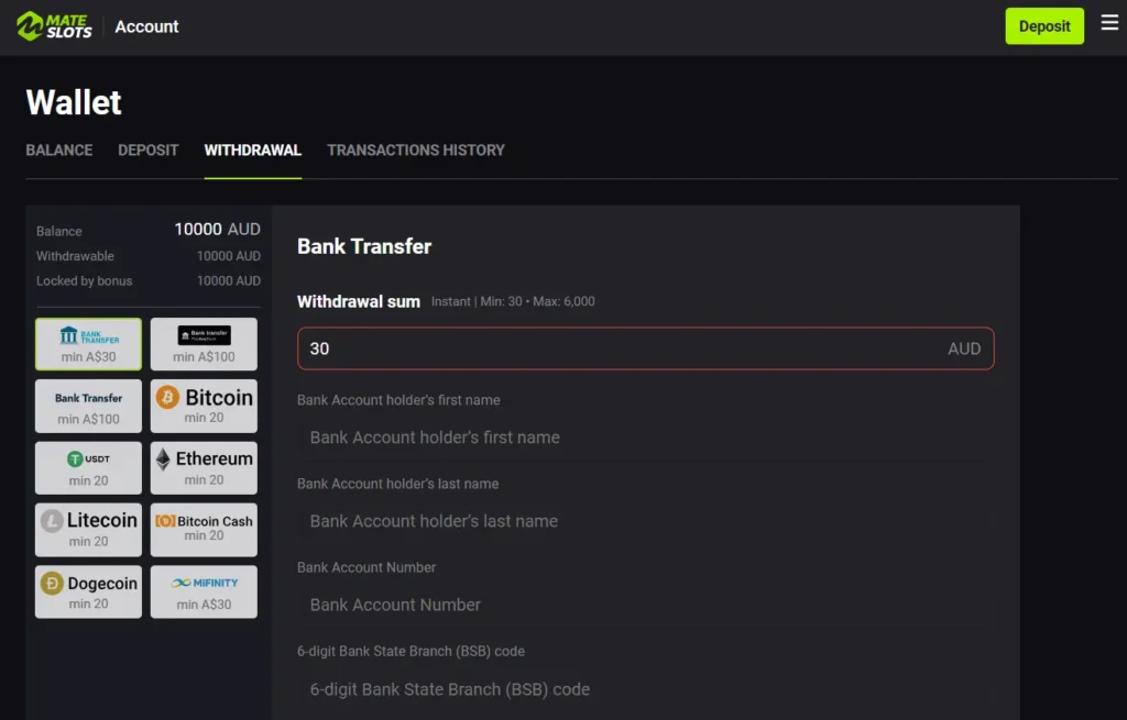 MateSlots Withdrawal with Bank Transfer